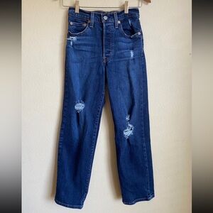 Levis Womens Ribcage Straight Ankle Jeans 24 Blue Distressed Dark Button Fly